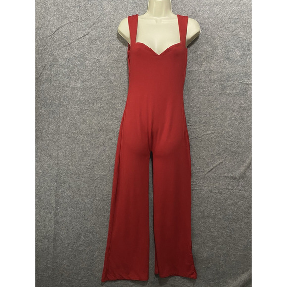 Oh Polly Jumpsuit Womens Sz 10‎ Red Plunge Back Wide Leg Stretch Sexy Party NWT - Picture 1 of 11